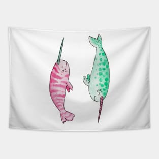 Chill Pastel Pink and Mint Narwhals in Watercolor Tapestry