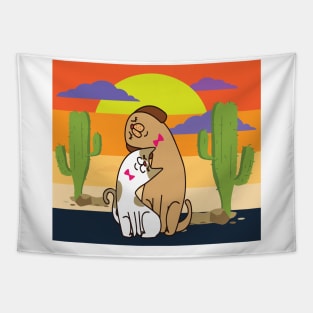 Cat and dog with sunset Tapestry