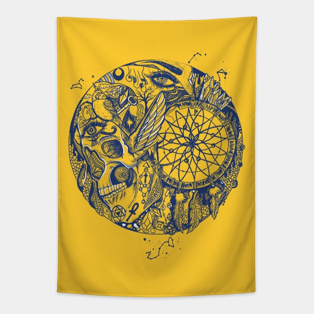 Navy Gold Skull and Dreamcatcher Circle Tapestry by kenallouis
