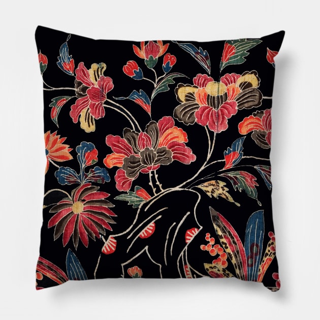 COLORFUL FLOWERS AND BLOSSOMS Antique Japanese Floral In Black Pillow by BulganLumini