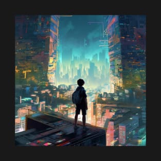 lost boy in a cyber neon cityscape T-Shirt