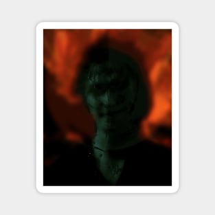 Portrait, digital collage and special processing. Man, like in night dreams. Demon. Green and fire. Magnet