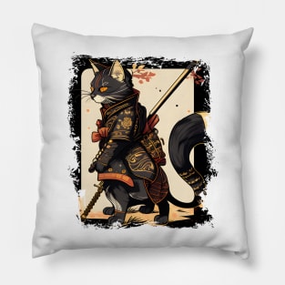 Cat Samurai Katana Sword And Japanese Kanji - Cat Lover Pillow