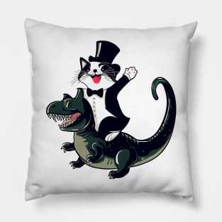 Happy cat riding a dinosaur vector funny design for cats and dinosaurs lovers Pillow