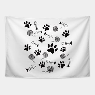 Cat Paw Print, Fish Bones, Ball of Yarn Pattern - Black On White Version Tapestry