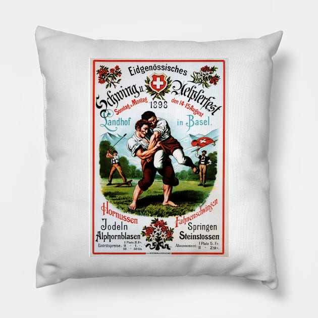 Swiss Wrestling Alpine Basel Alpenfest Switzerland 1898 Vintage Travel Poster Pillow by vintageposters