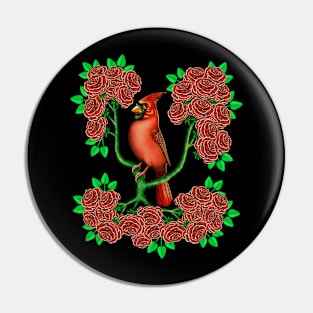 Red Cardinal bird in rose flowers Pin