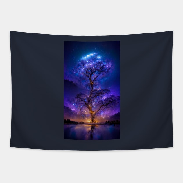 Tree of life glowing star like at night Tapestry by Sub-AIRTist