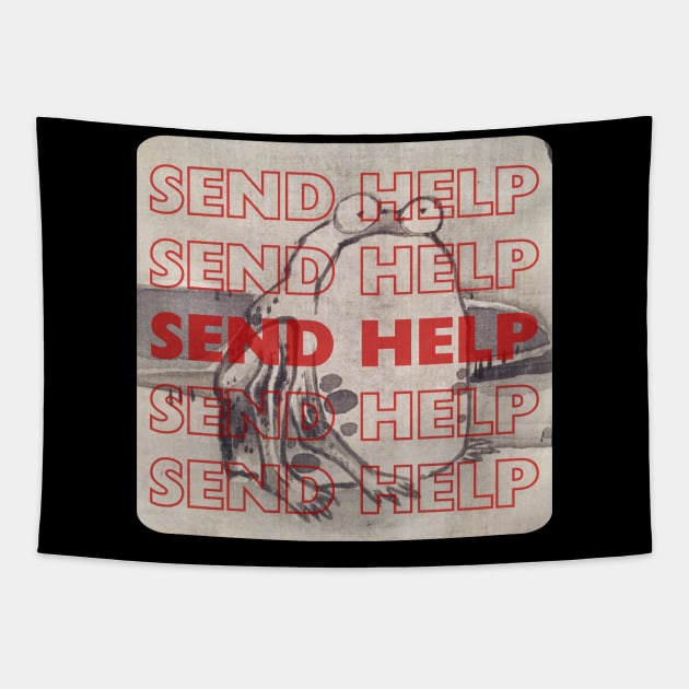 Send Help Funny Weird Japanese Woodblock Frog Design Tapestry by Flourescent Flamingo