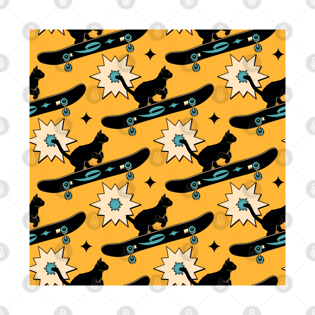 Cool Skater Black Cat Pattern in yellow by The Charcoal Cat Co.