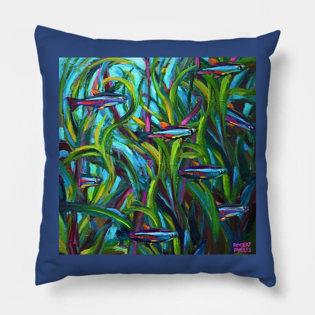 Go With The Flow Neon Tetras by Robert Phelps Pillow by RobertPhelpsArt