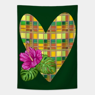 Caribbean Heart and Hibiscus Madras Tartan Fabric Tapestry