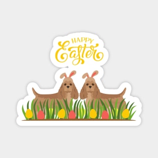 Happy Easter with Bunny American Cocker Spaniel Behind Grass with Colorful Eggs Magnet