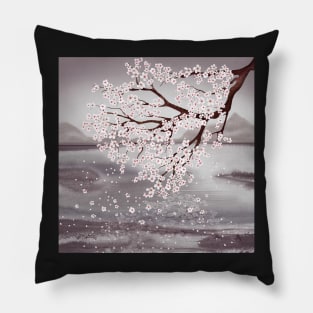 Cherry blossom branch. Water landscape watercolor illustration. Sakura flowers spring scenery Pillow