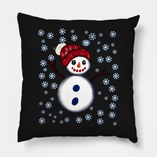 Snowman in festive red winter hat among snowflakes - friendly snowman snug in a snowflake themed scarf Pillow