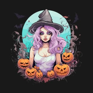 Pink-Haired Cartoon Witch - Halloween Moonlit Hocus Pocus Spells and Magic T-Shirt