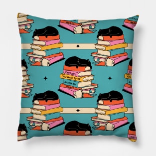 Books and Plant Black Cat Pattern in blue Pillow