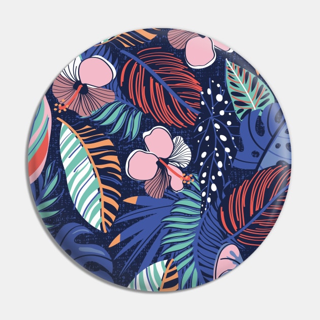 Moody tropical night // pattern // oxford blue background spearmint papaya orange denim and electric blue leaves coral cotton candy pink and dry rose hibiscus flowers Pin by SelmaCardoso