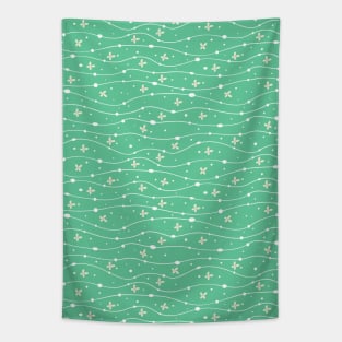 Green Wavy Lines, Dots and Flowers Pattern Tapestry