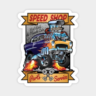 Speed Shop Hot Rod Muscle Car Parts and Service Vintage Cartoon Illustration Magnet