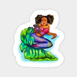 Mermaid Afro Mermaid - Coco the Magical rainbow mermaid and phone - brown eyes, Afro hair in two puffs and caramel brown skin - light background Magnet