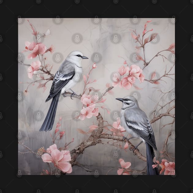 Grey and pink chinoiserie painting with birds and flowers by Riverside-Moon