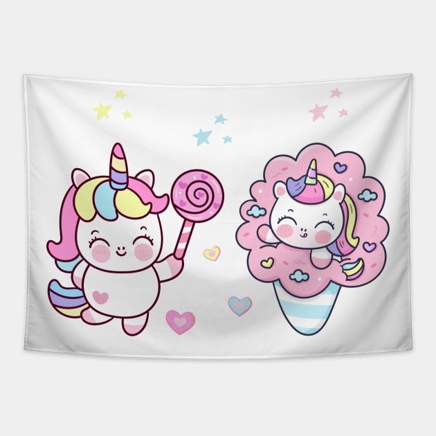 2 Cute Little Unicorns With Stars, Hearts, And Sweets Tapestry by teezeedy