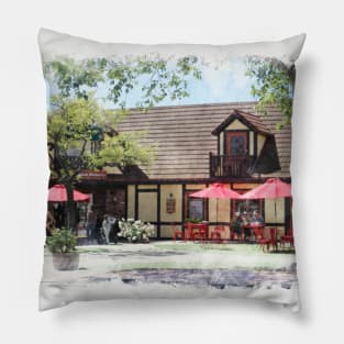 Cafe Scene in Solvang California Digital Watercolor Pillow