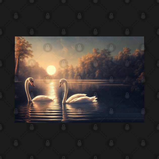 Two swans swim peacefully, Protect the environment design by DyeruArt