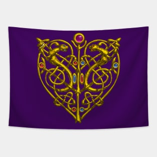 HYPER VALENTINE / GOLD CELTIC KNOT HEART WITH LIZARDS IN PURPLE Tapestry