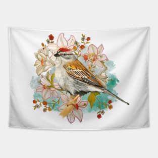 Chipping Sparrow And Flowers Tapestry