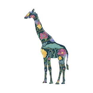 Floral Giraffe Silhouette - Blue and Gold T-Shirt