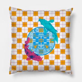 Double Happy Koi Fish - Yoga Calm Vibe Orange Tile Floor Pattern Pillow