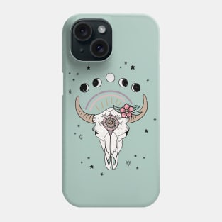 Boho Tribal Cow Skull with Flowers - dusty mint green Phone Case