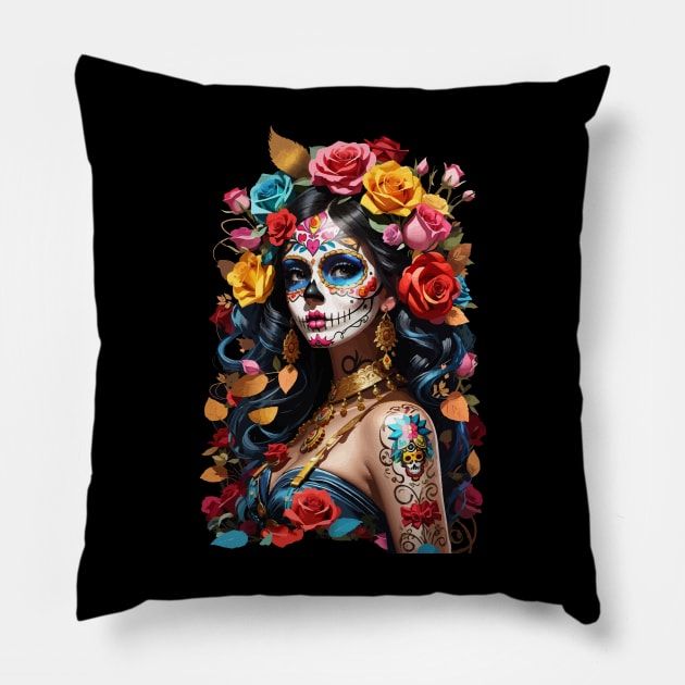 Sugar Skull girl, Dia de los Muertos Pillow by CatCoconut-Art