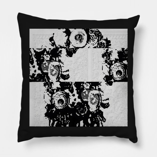 Eldrich Creepy Glitch Art Abstract Glitchcore Black and White Pillow by raspberry-tea