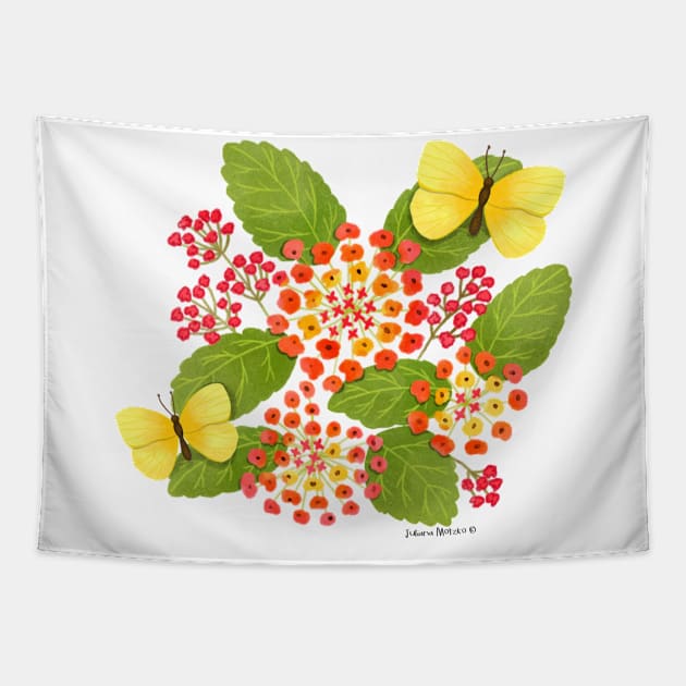 Lantana Flowers and Yellow Butterflies Tapestry by julianamotzko