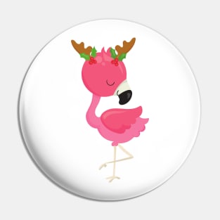 Christmas Flamingo, Pink Flamingo, Antlers, Bird Pin