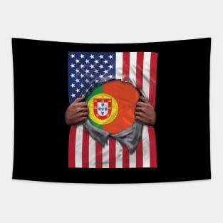 Portugal Flag American Flag Ripped - Gift for Portuguese From Portugal Tapestry