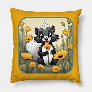 Skunk Smelling a Poppies in Spring. Pillow