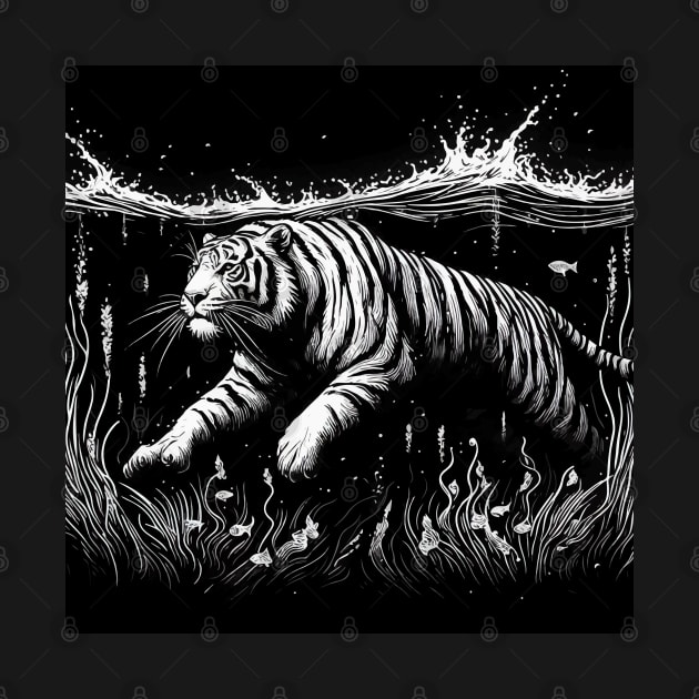 Monochromatic Outline Swimming Tiger in Water by TomFrontierArt