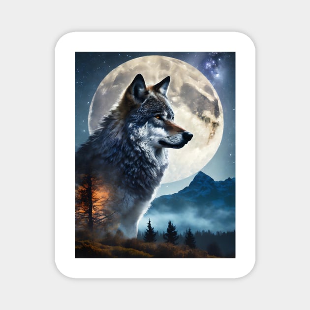 Lunar Symphony: Wolf Double Exposure with Majestic Mountain Silhouette Magnet by MBSCREATIVES