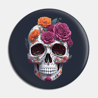 Funny Sugar Candy Skull With Flowers Pin