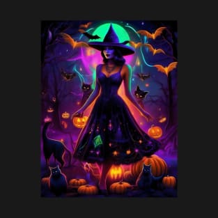 Halloween Spooky Neon Vintage Black Magic Witch T-Shirt