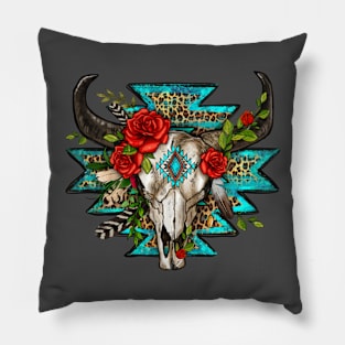 Western rustic cow skull roses Pillow