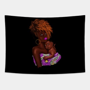 Afro Woman with Child, African Purple Pattern Tapestry