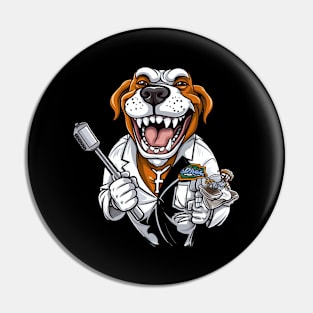 A cartoon-style illustration of an English bulldog wearing a white lab coat and holding a dental tool Pin