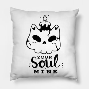 cute skull cat with candle black and white doodle Halloween your soul is mine Pillow