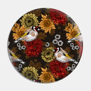 Goldfinch and chrysanthemum flowers Pin