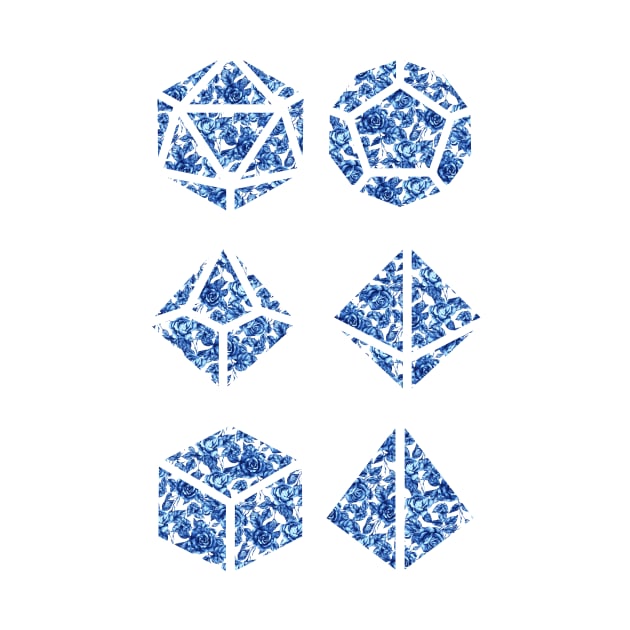 Delft Blue Gradient Rose Vintage Pattern Silhouette Polyhedral Dice - Dungeons and Dragons Design by GenAumonier